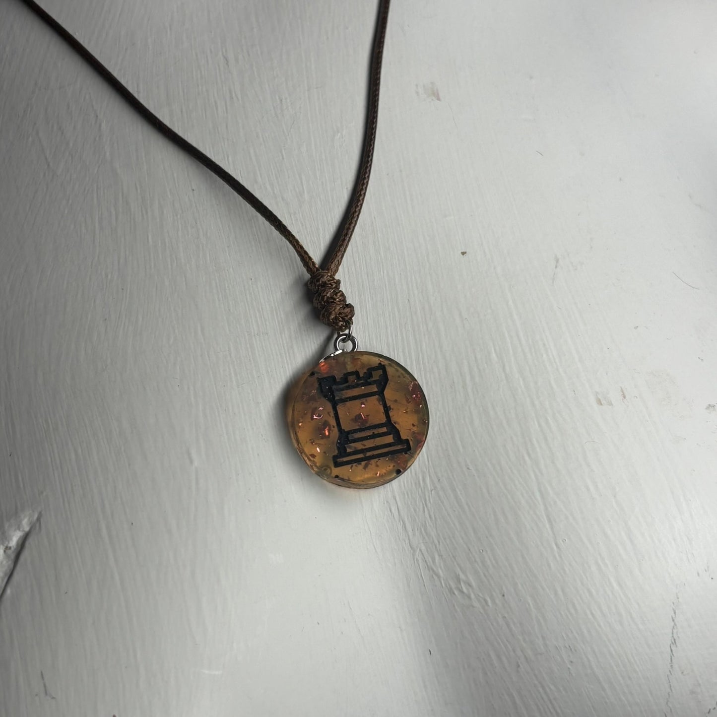Coffee Amber Rook - Handmade Resin Chess Necklace
