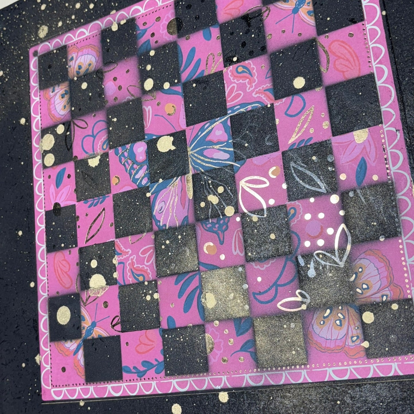 Pink Butterfly Gold Drip - Large Scrapbook Chess Board