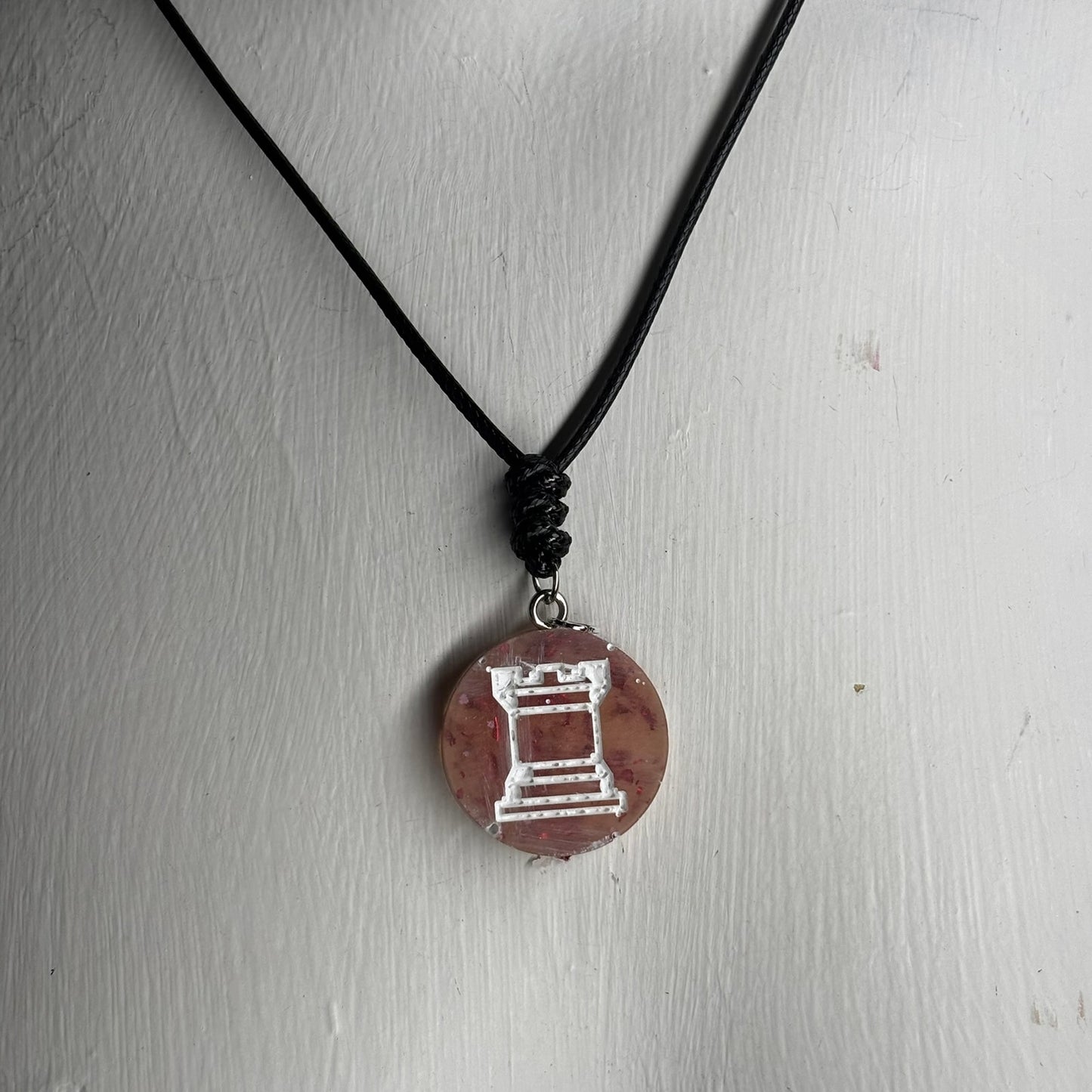 Orange Crystal Rook - Handmade Resin Chess Necklace