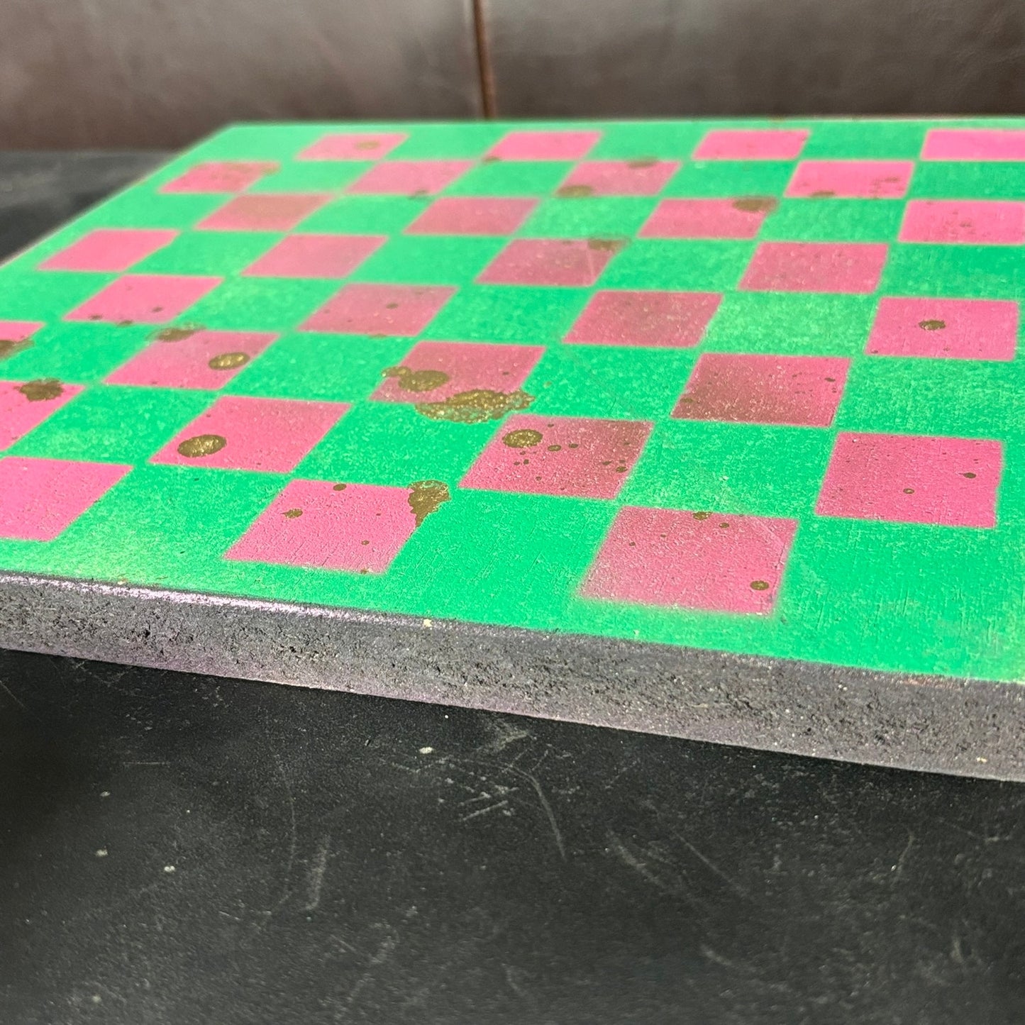 Pink Green Gold Splatter - Painted Chess Board