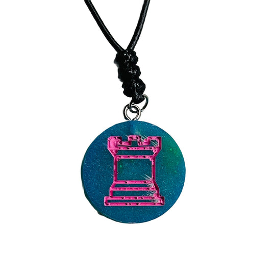 Blue/Pink Rook - Handmade Resin Chess Necklace