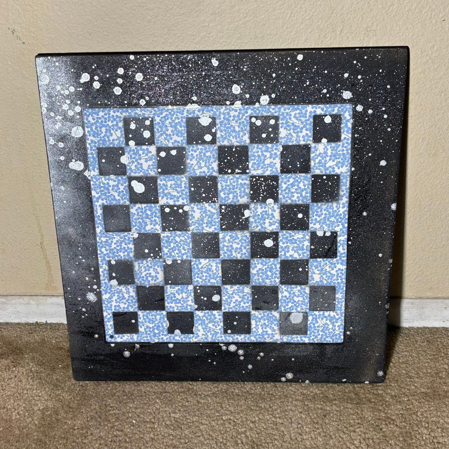 Blue Flower Chrome Drip - Large Scrapbook Chess Board