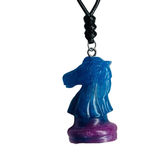 Blue Pink Knight - Handmade Resin Chess Necklace