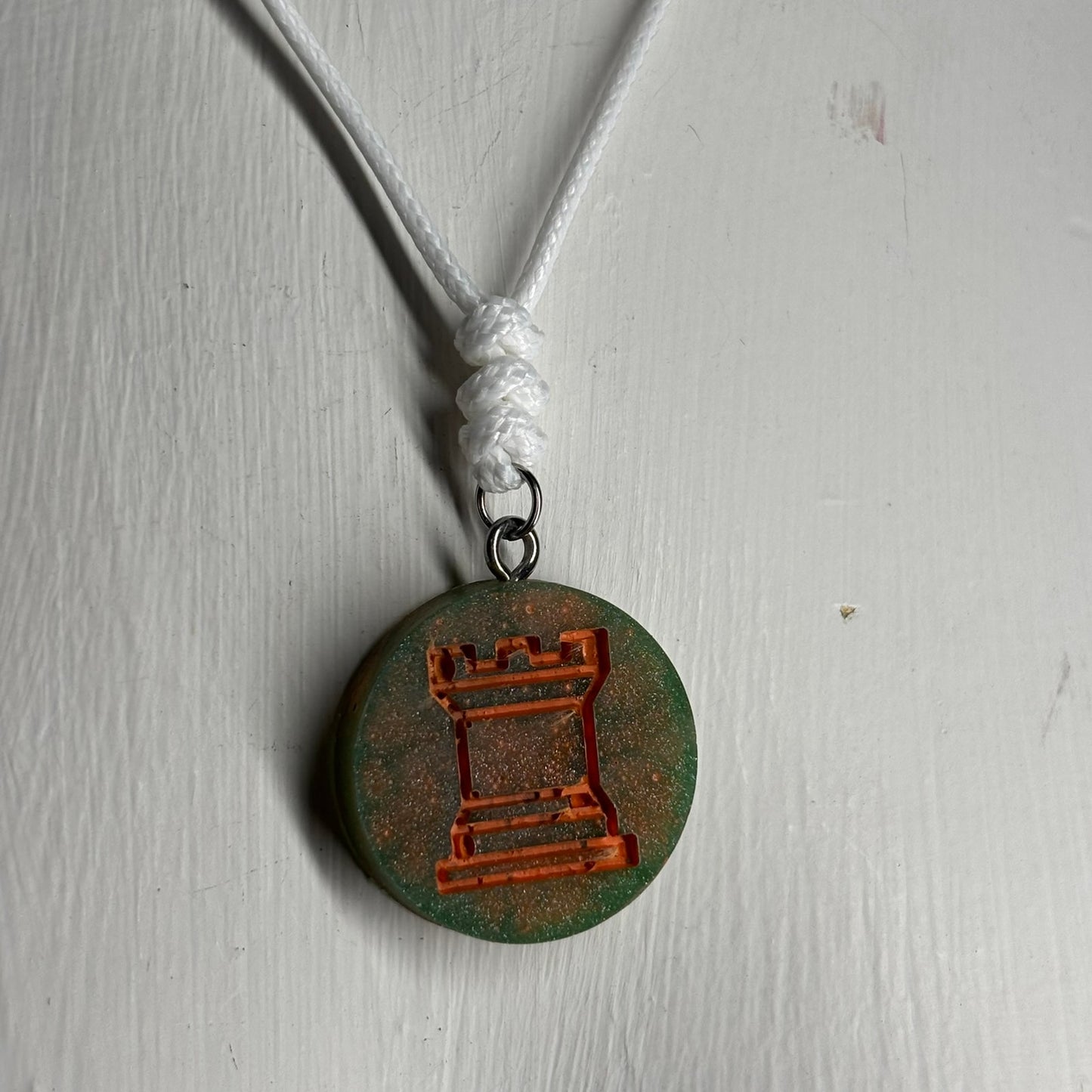 Rustic Green/Orange Rook - Handmade Resin Chess Necklace
