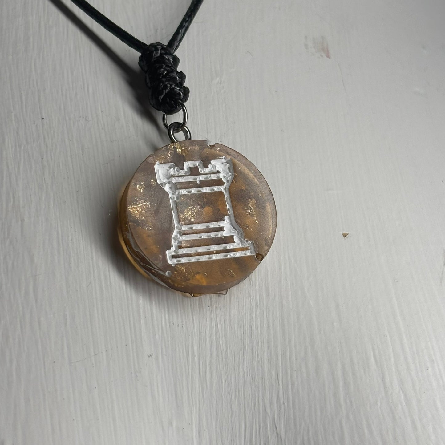 Amber Crystal Rook - Handmade Resin Chess Necklace