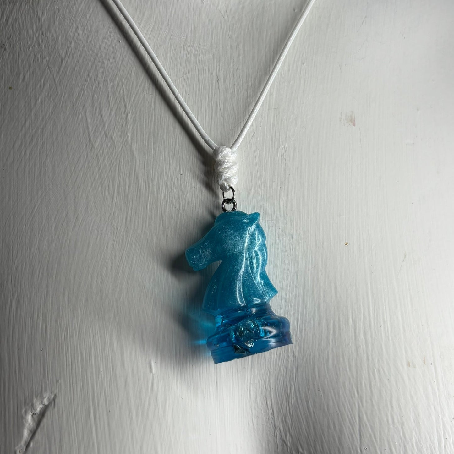 Crystal Ice Blue Knight - Handmade Resin Chess Necklace