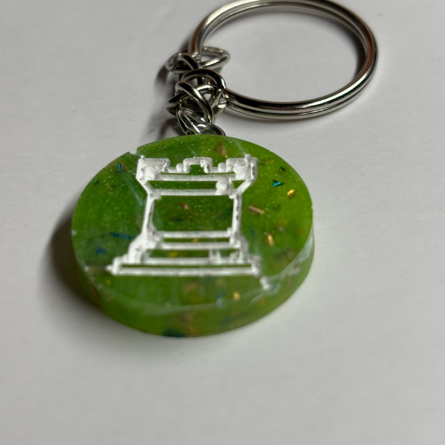 Green Confetti Rook - Handmade Resin Keychain - Flat Edition