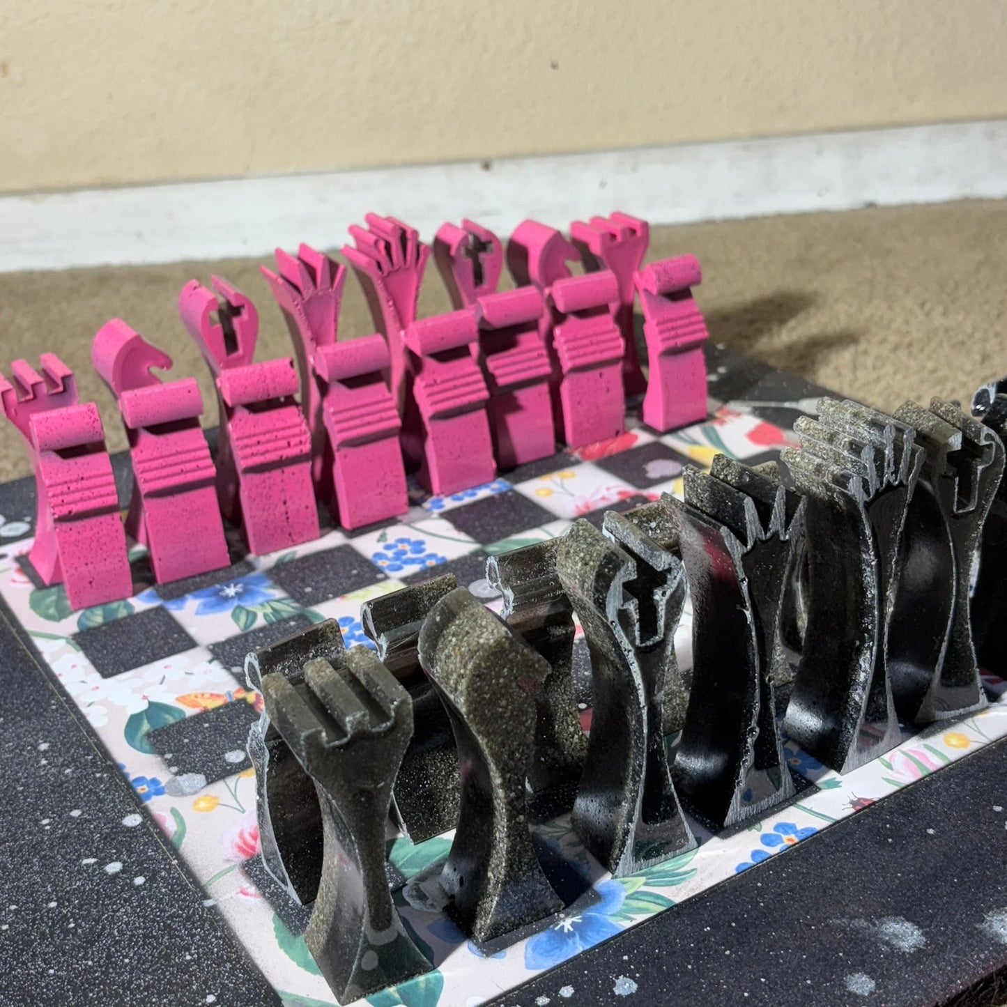 Pink Flowered Pattern - Large Deluxe Chess Set