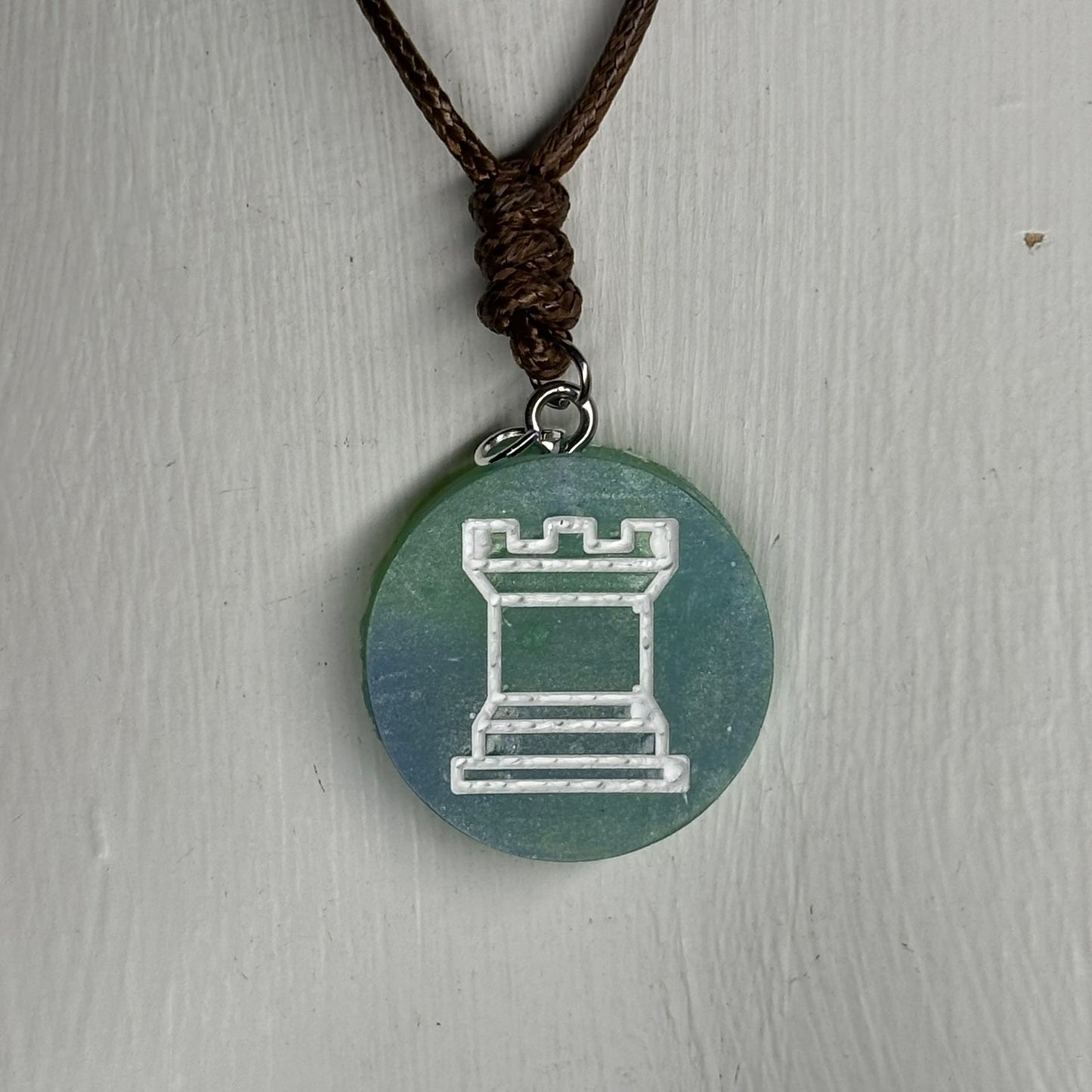 Blue/Green Rook - Handmade Resin Chess Necklace