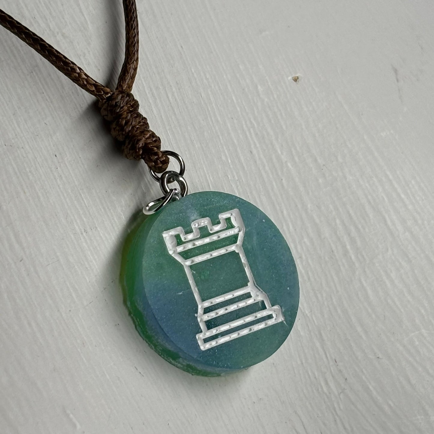 Blue/Green Rook - Handmade Resin Chess Necklace