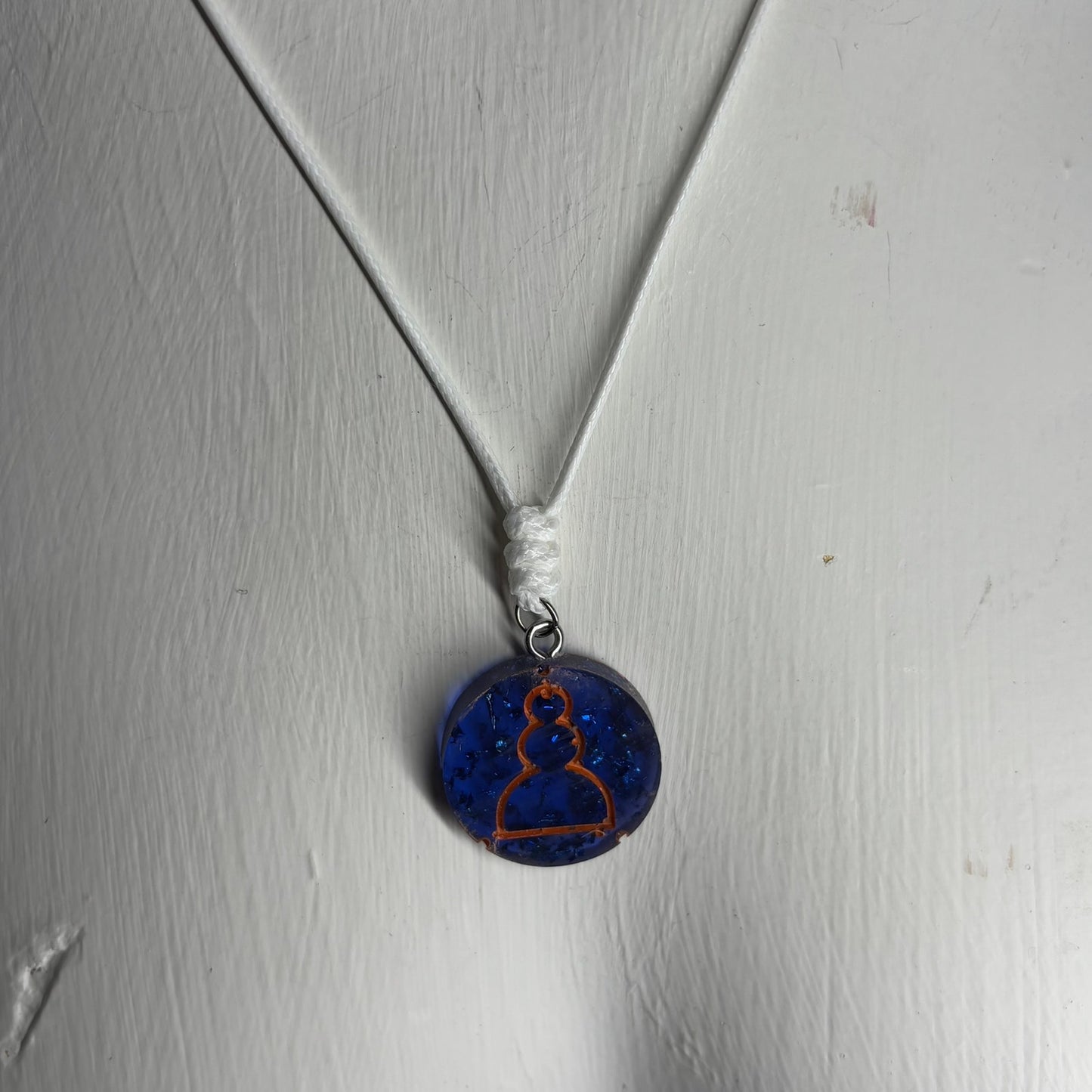 Blue Crystal Orange Pawn - Handmade Resin Chess Necklace