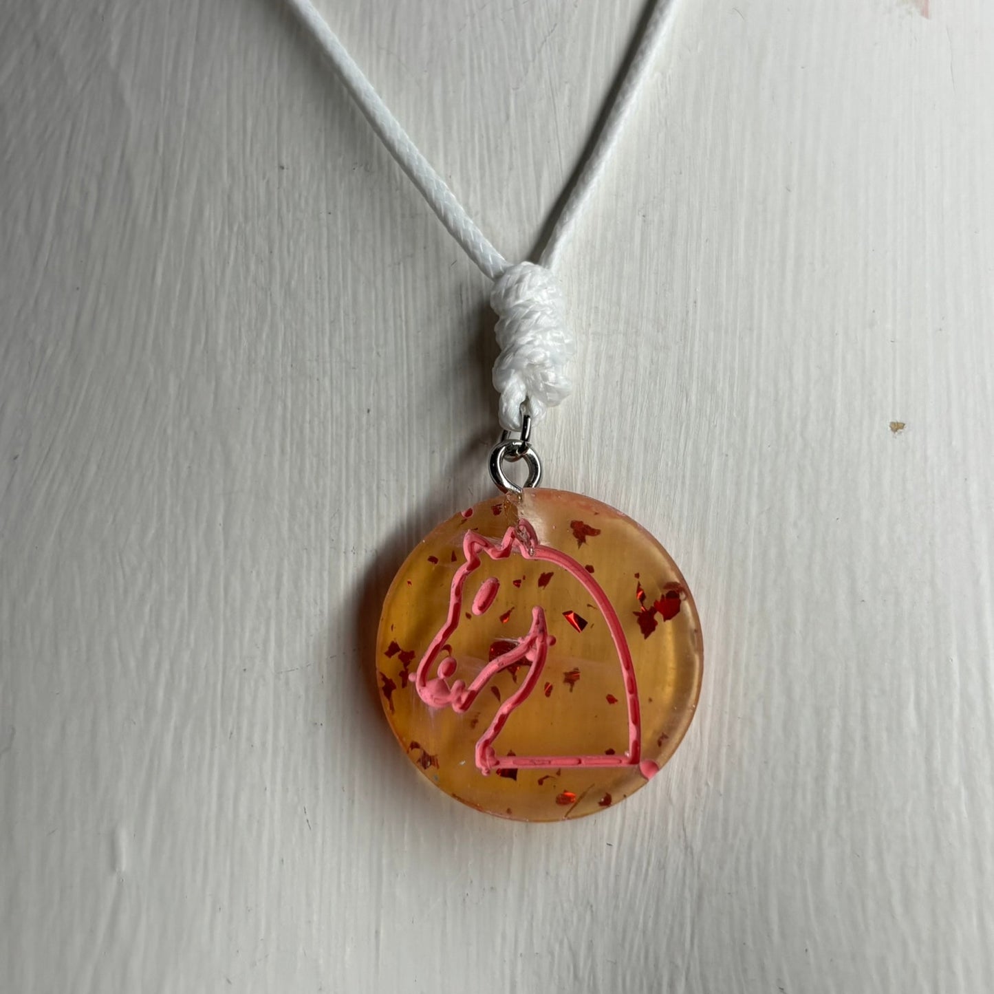 Amber Pink Knight - Handmade Resin Chess Necklace