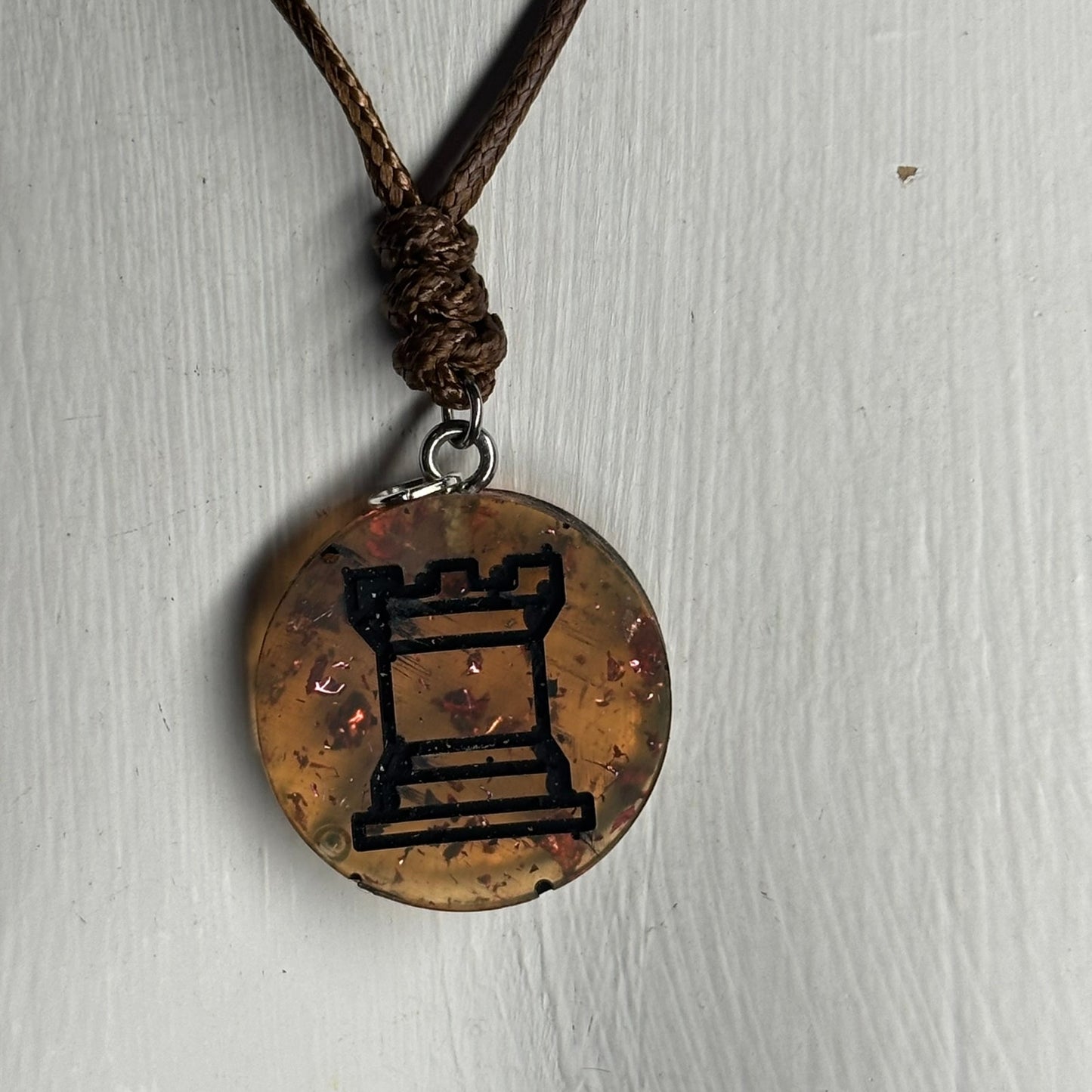 Coffee Amber Rook - Handmade Resin Chess Necklace