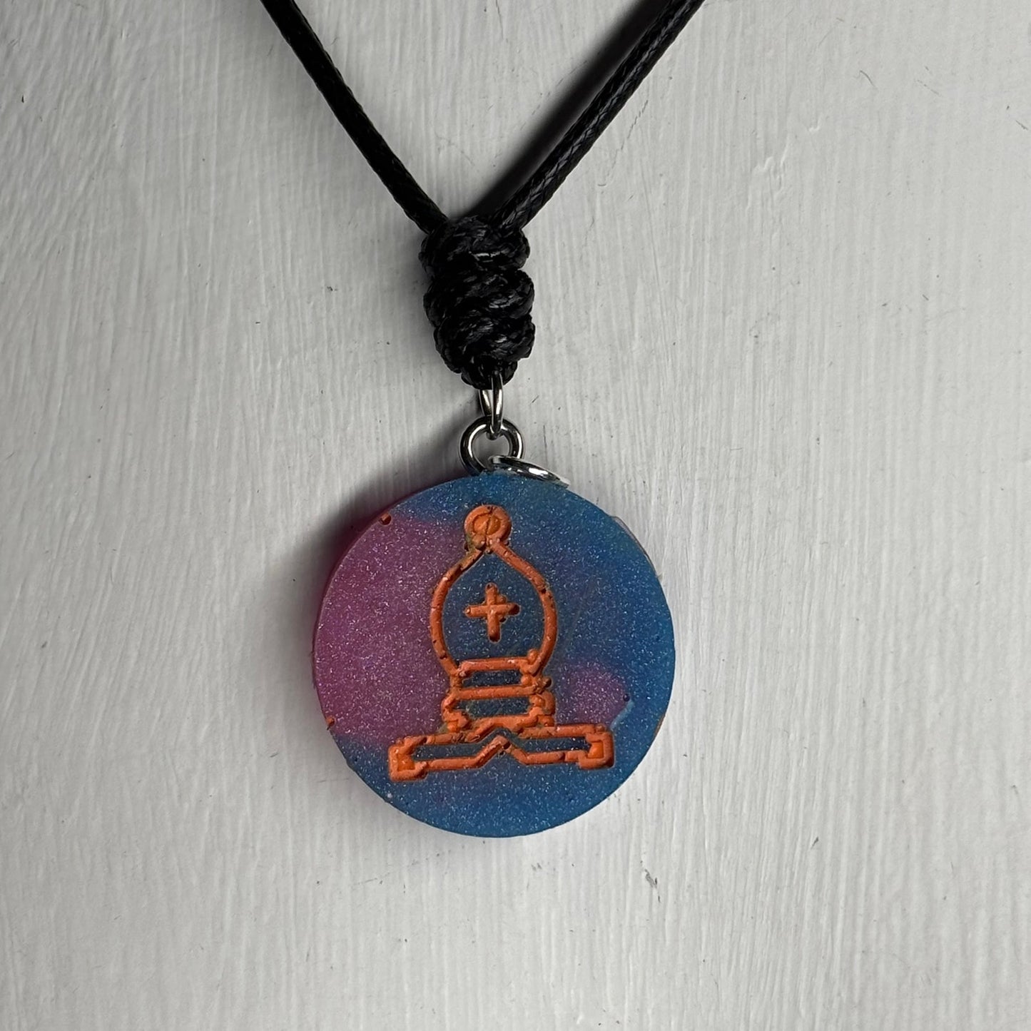 Blue & Pink Bishop - Handmade Resin Chess Necklace
