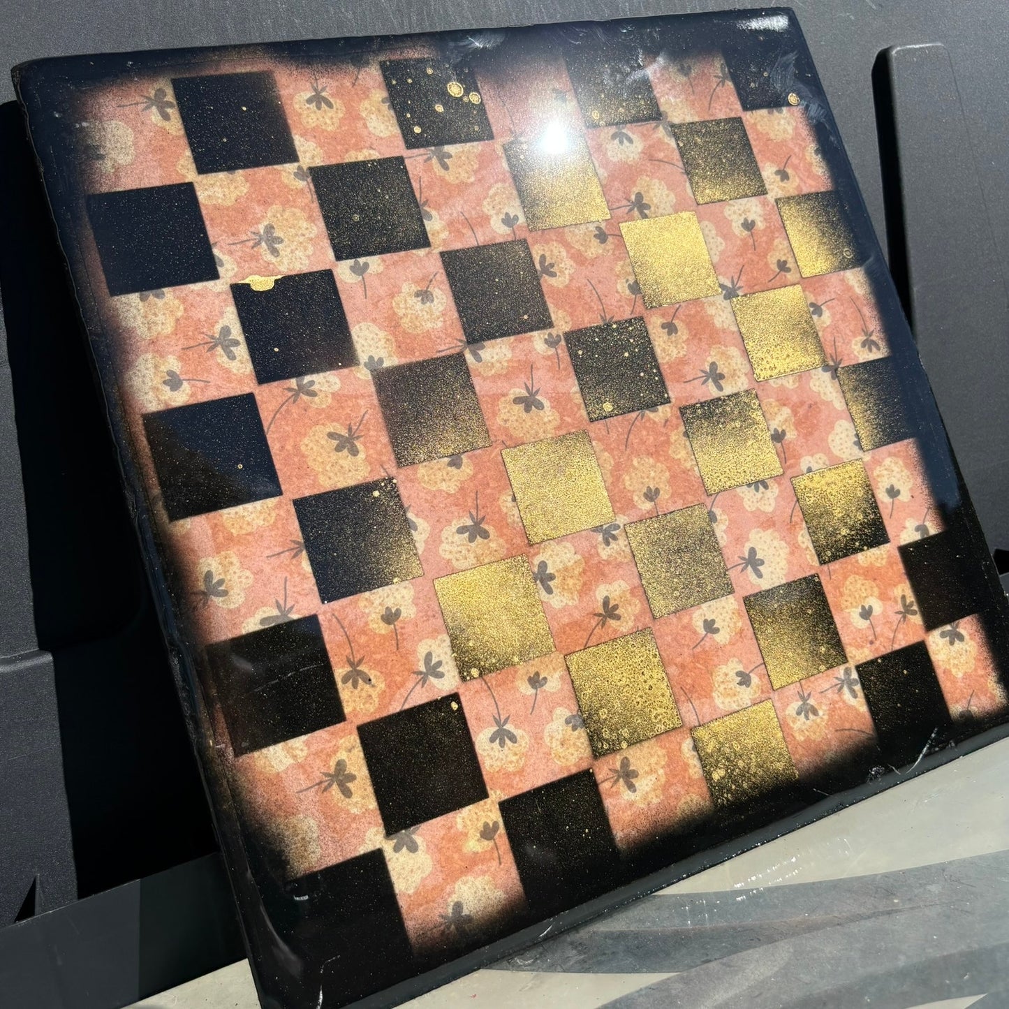 Orange Gold Flowers - Resin Coated Chess Board