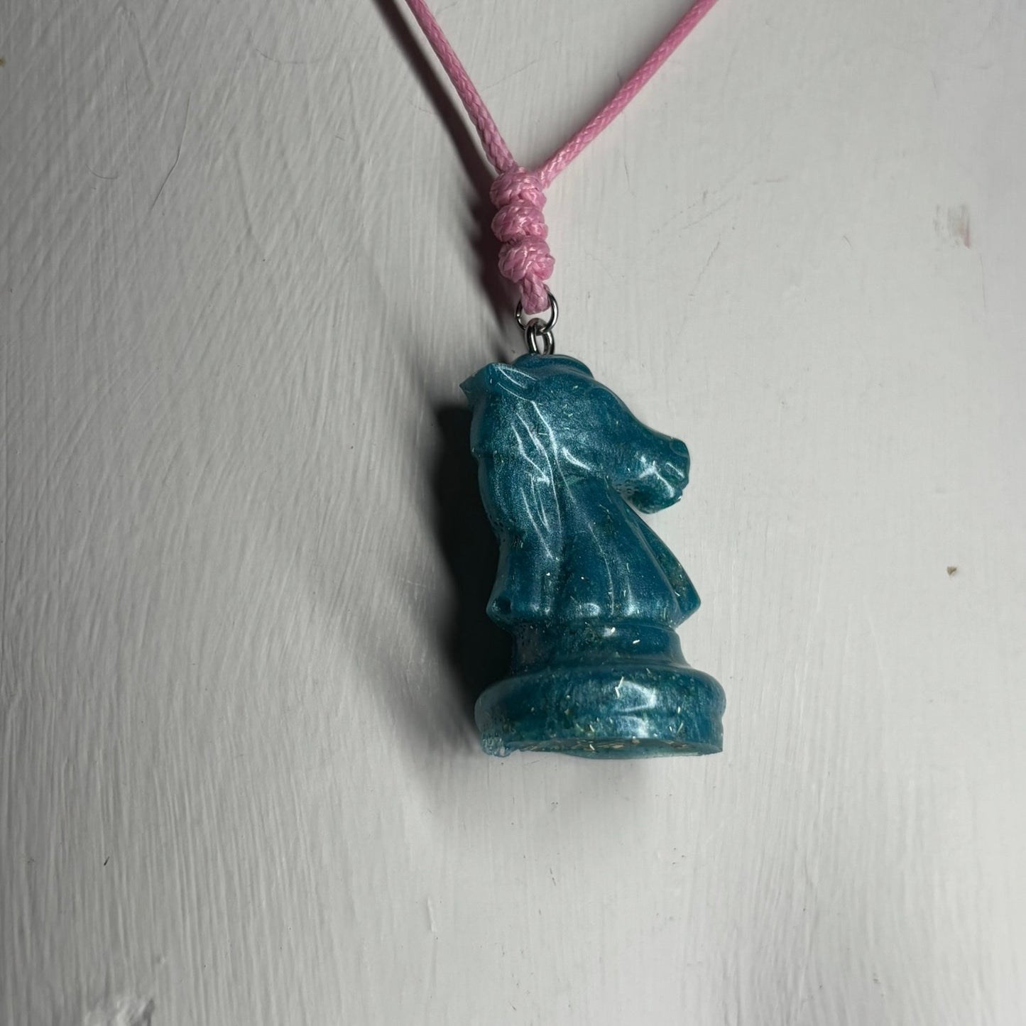 Sparkle Blue Knight - Handmade Resin Chess Necklace