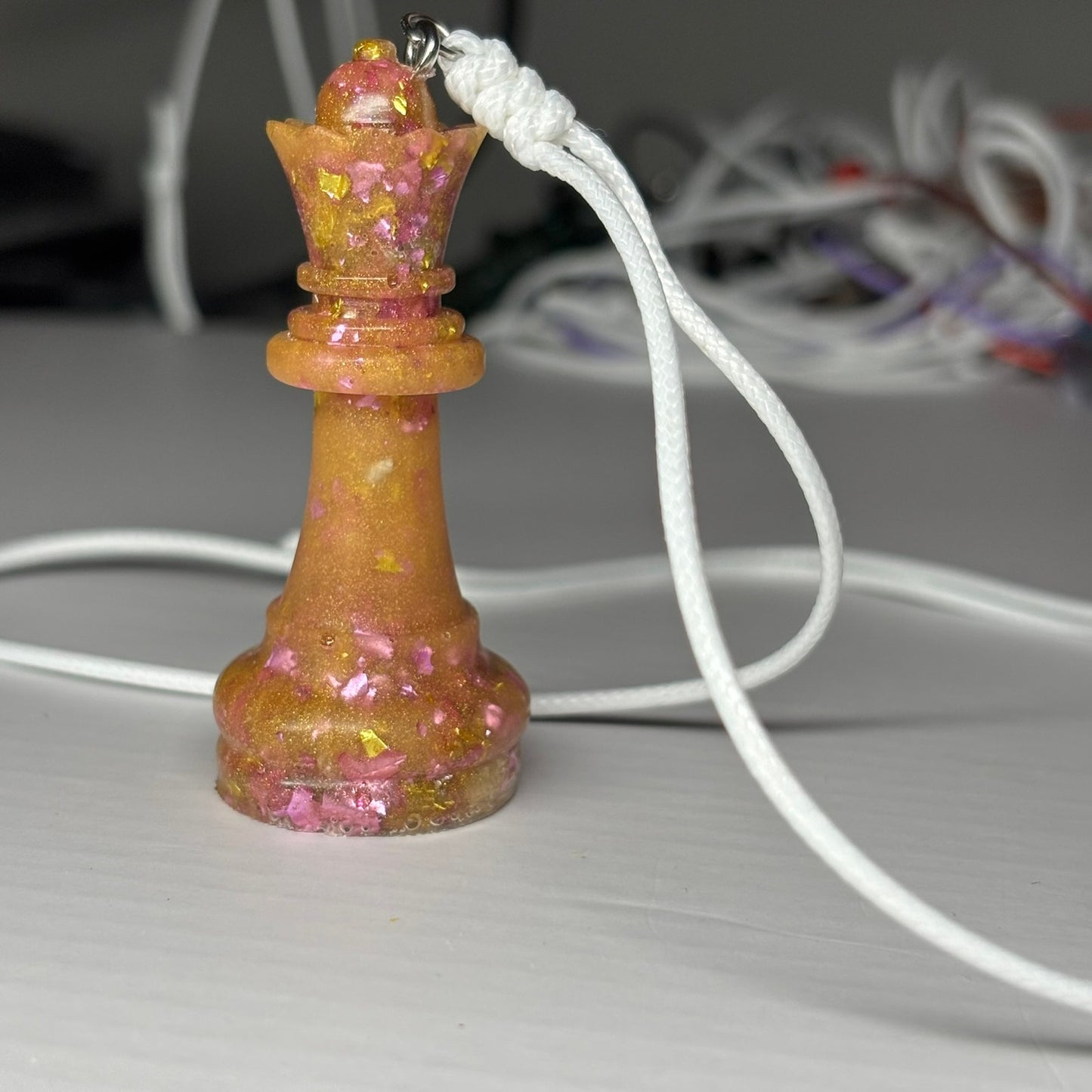 Pink & Orange Crystal Queen - Handmade Resin Chess Necklace