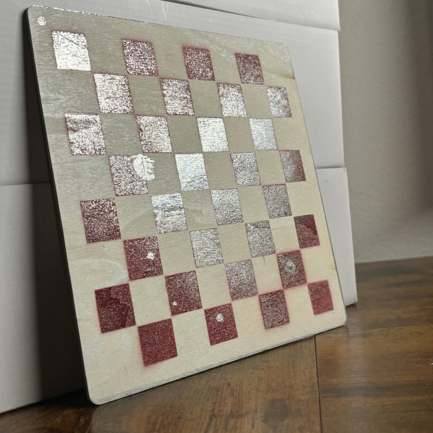 White & Red Chrome - Painted Thin Wooden Chess Board