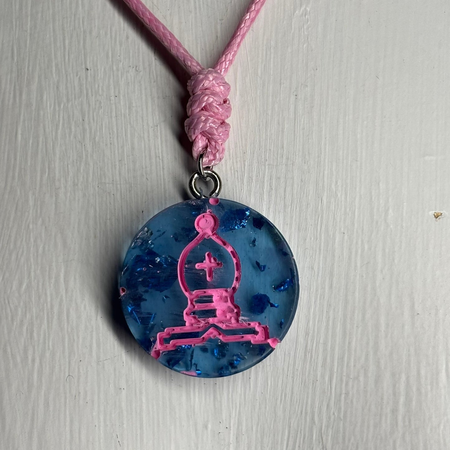 Vibrant Pink & Blue Bishop - Handmade Resin Chess Necklace