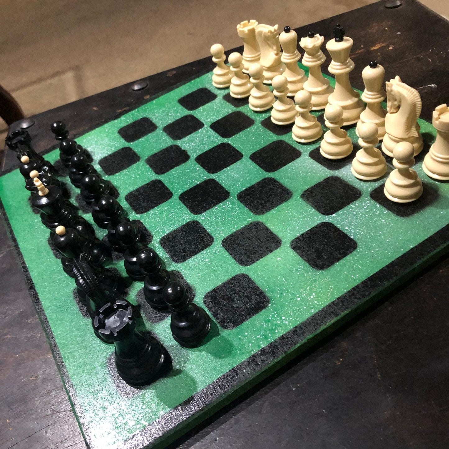 Large Painted Chess Set - Green & Black