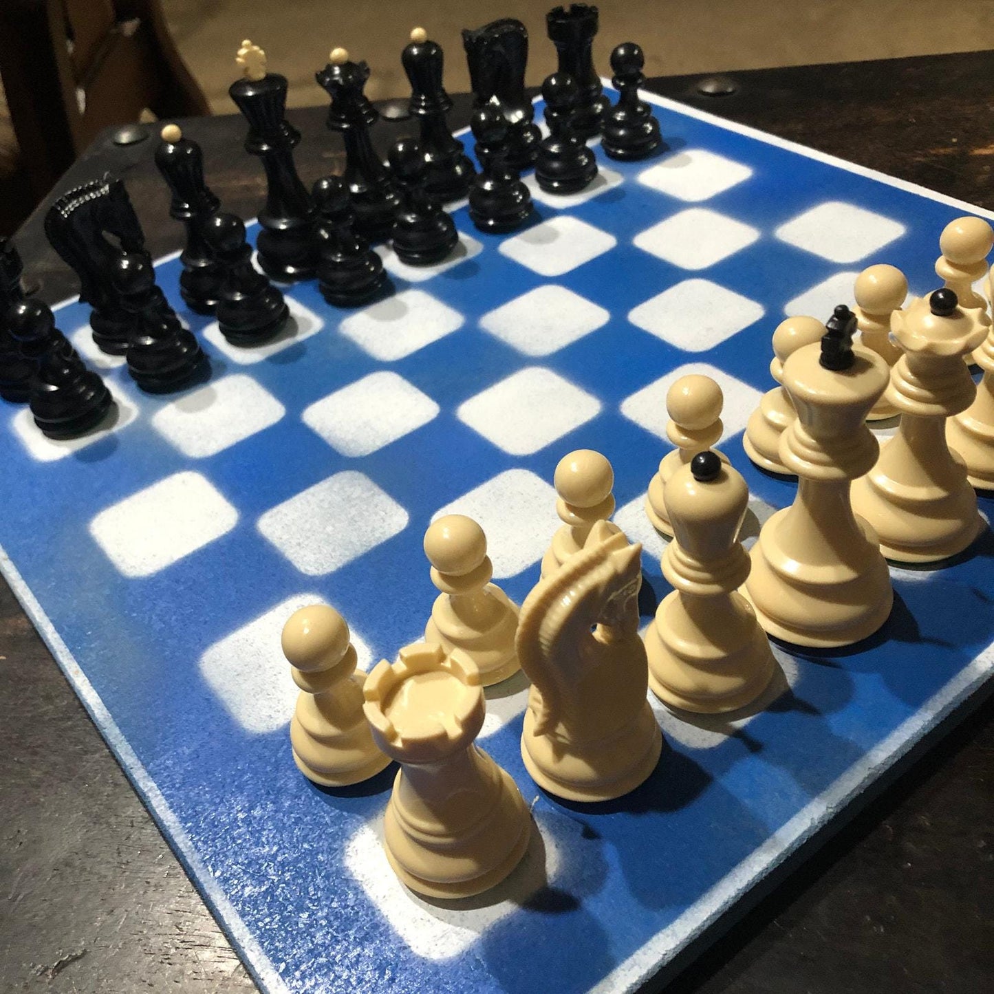 Large Painted Chess Set - Blue & White