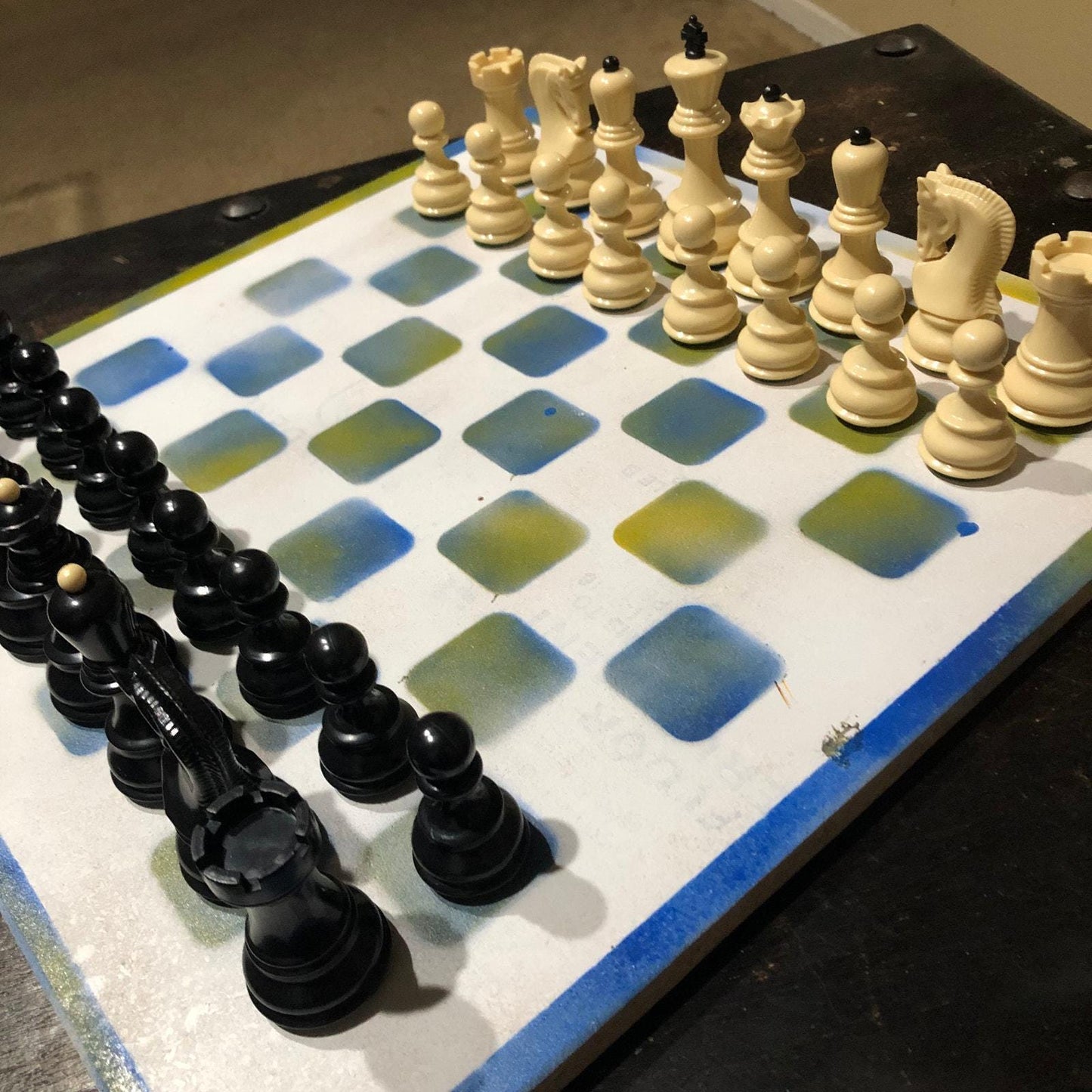 Large Painted Chess Set - Blue/Yellow & White