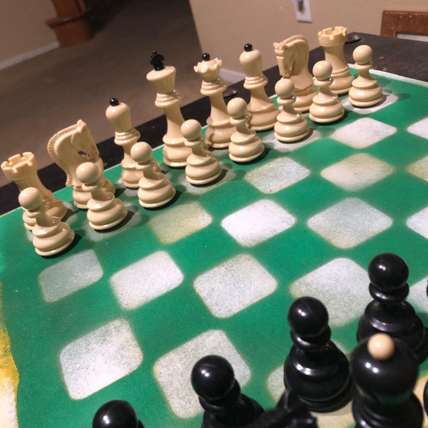 Large Painted Chess Set - Green & White