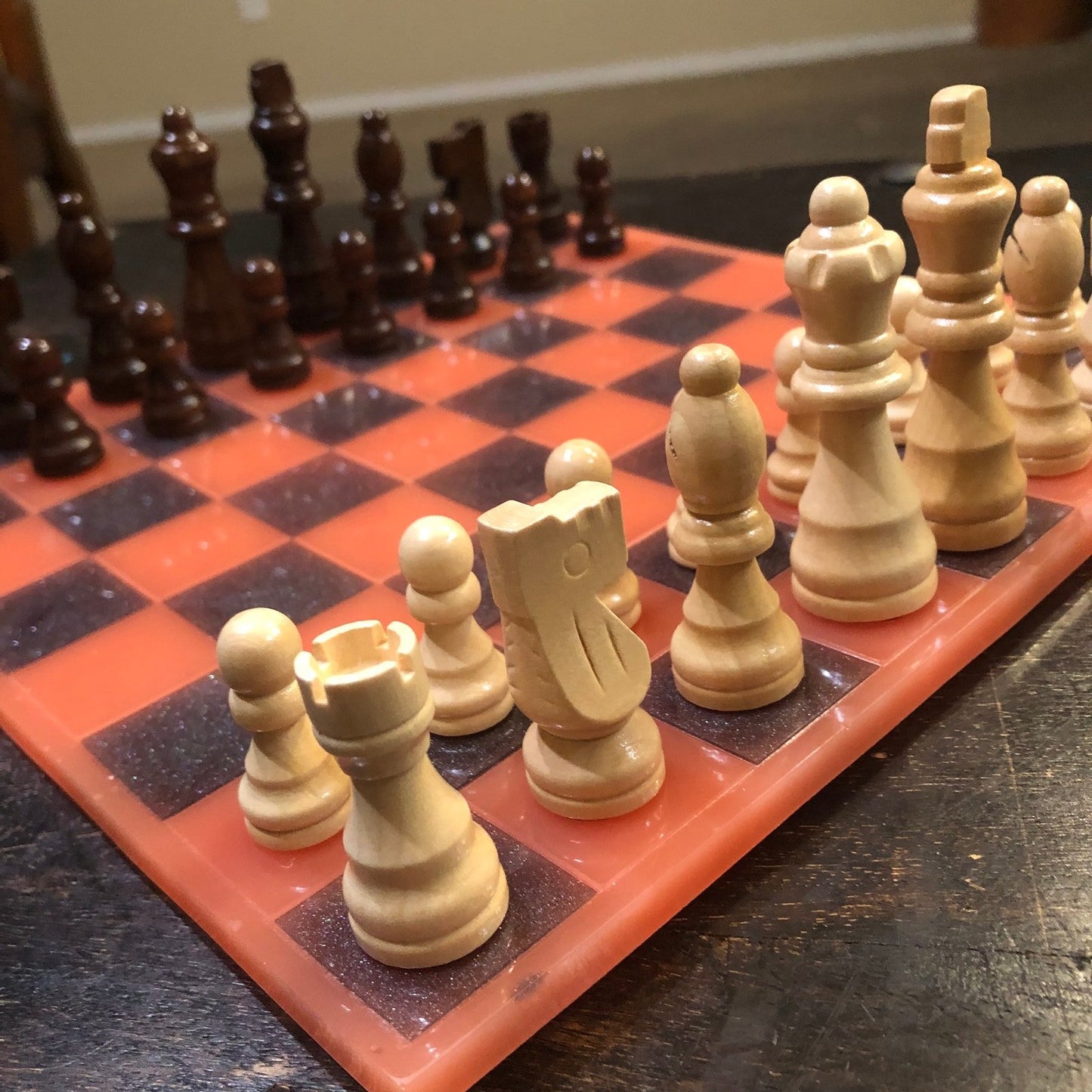 Resin Chess Set - Red & Black (Wood Pieces)