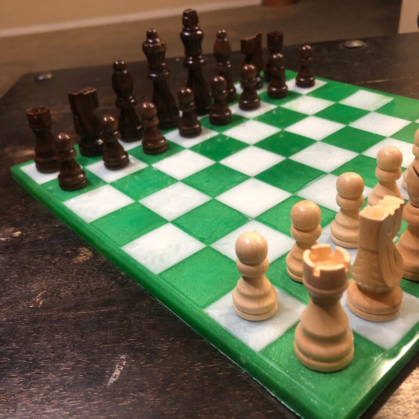 Resin Chess Set - Green & White (Wood Pieces)