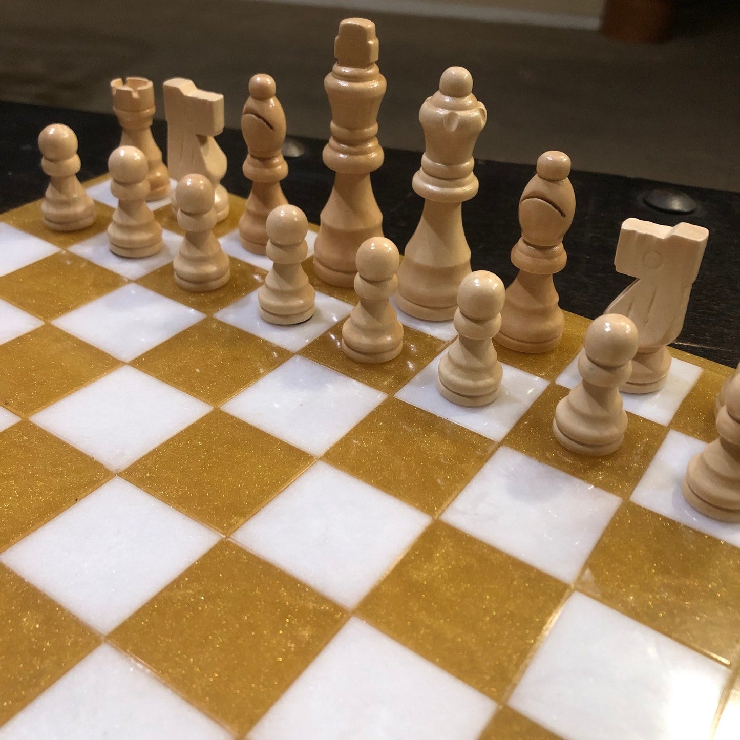 Resin Chess Set - Golden White (Wood Pieces)