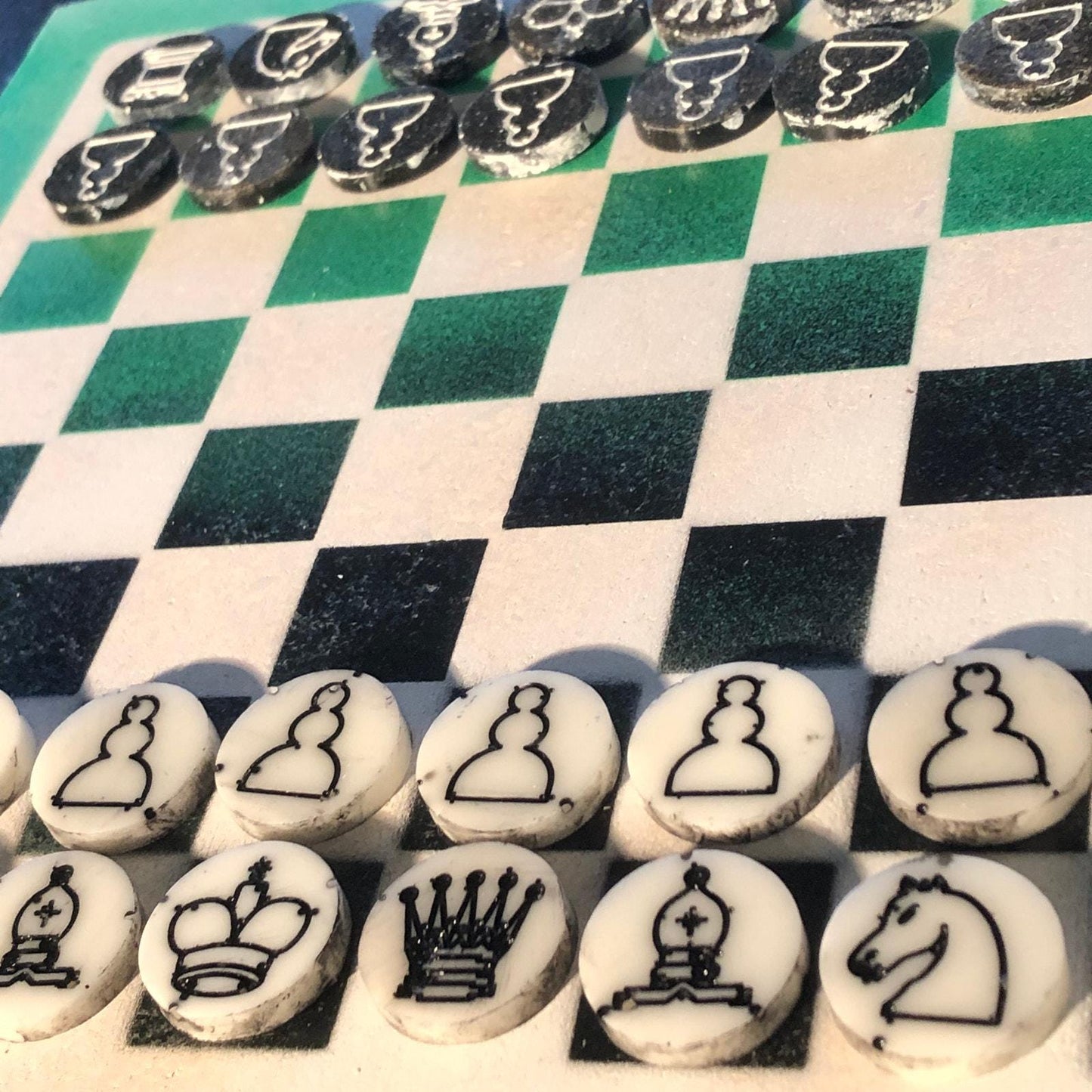 Chess Set - Green White & Black (Resin Pieces)