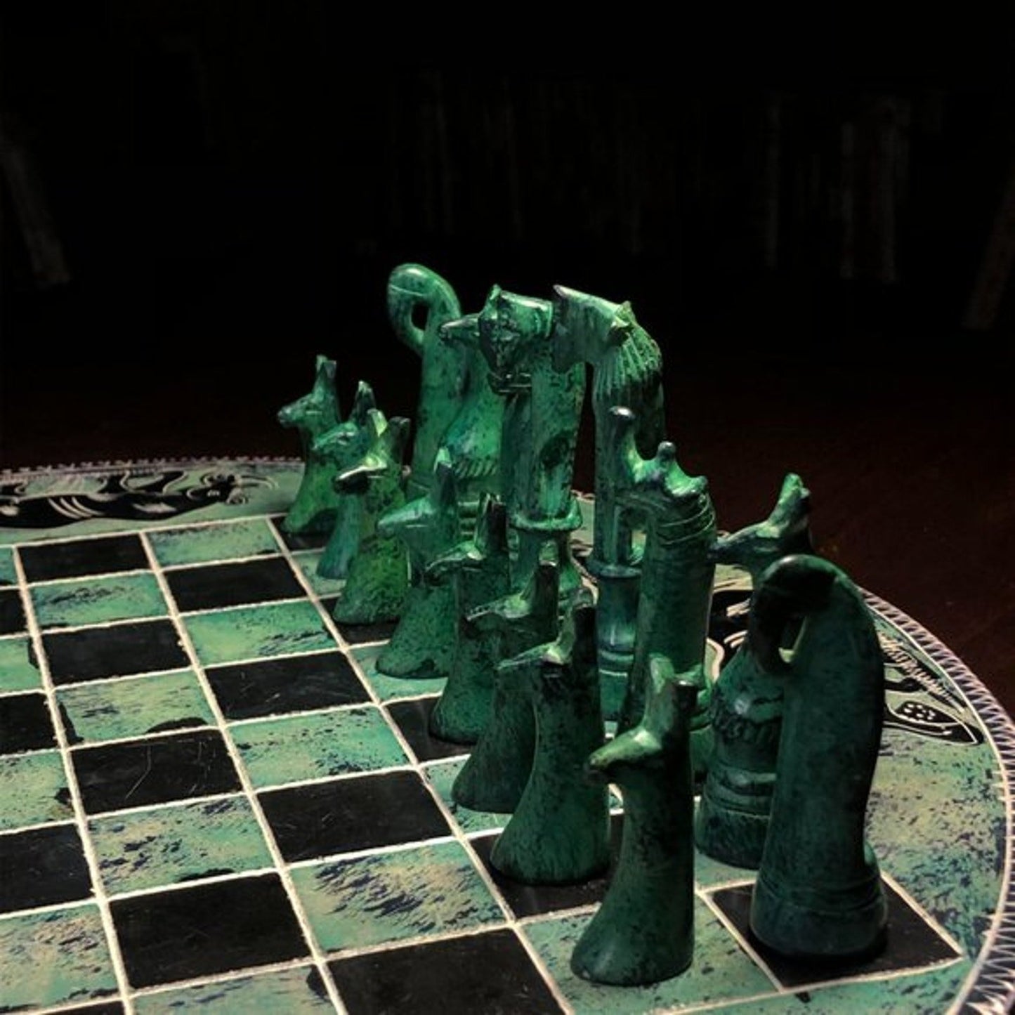 African Vintage Chess Set - Aquatic Green Chess Board