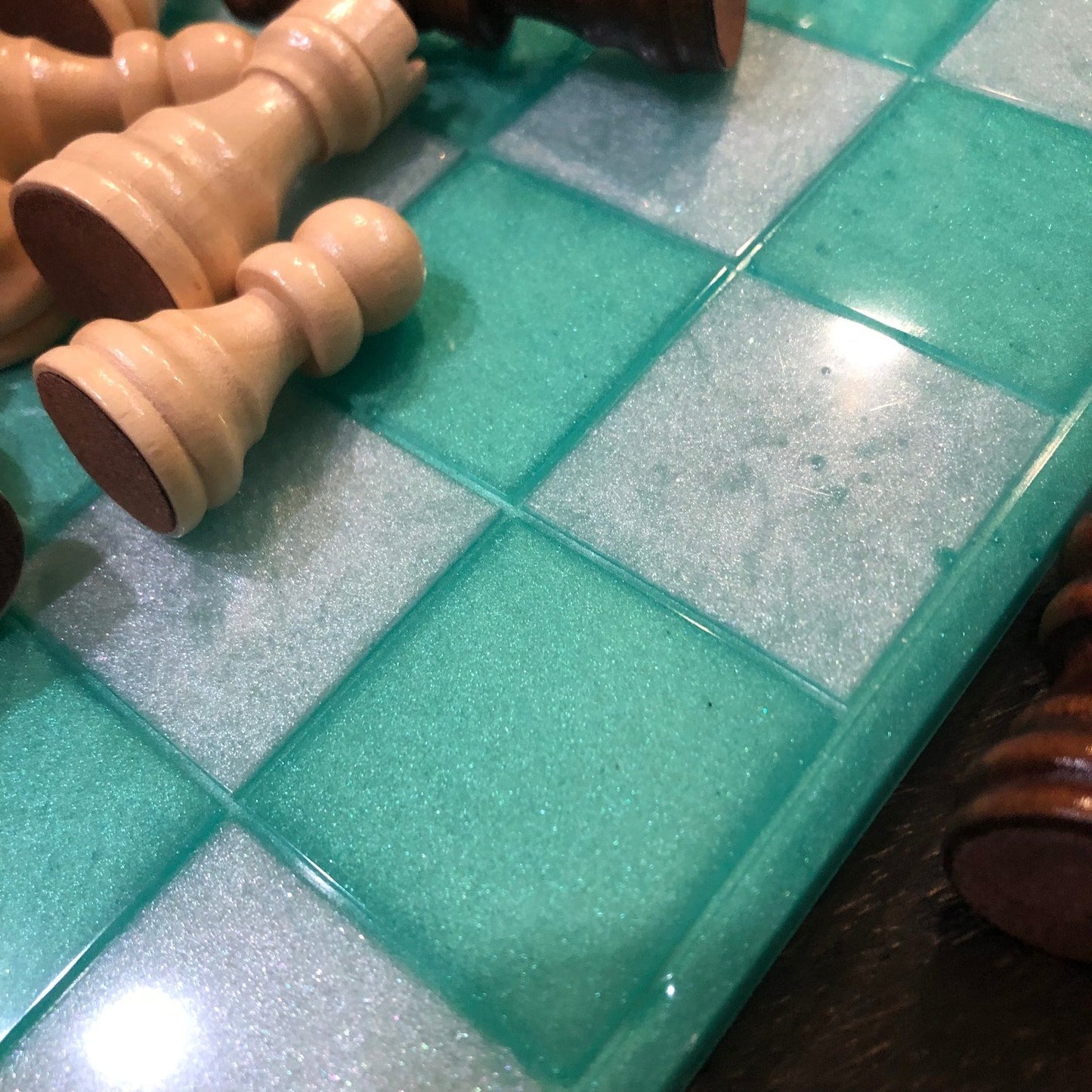 Resin Chess Set - Aqua Green & White (Wood Pieces)