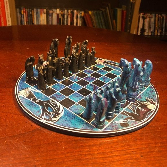 African Vintage Chess Set - Sea Blue Chess Board