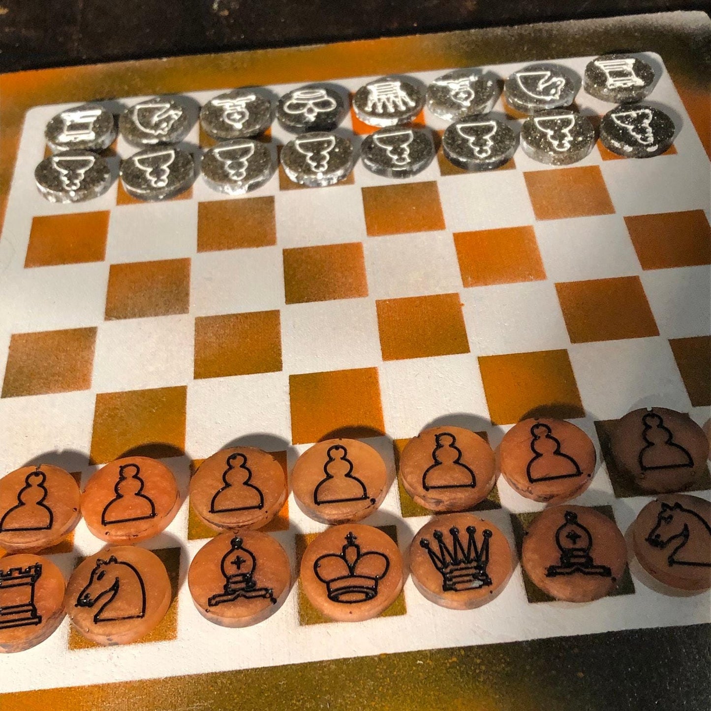 Chess Set - Orange White & Black (Resin Pieces)