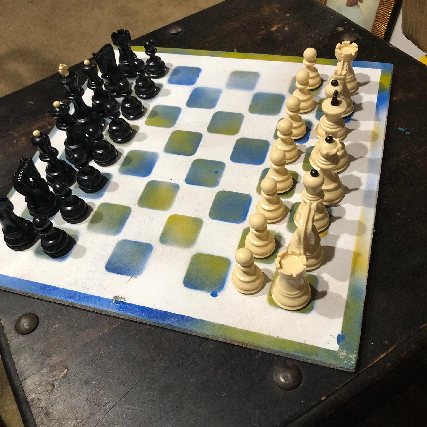 Large Painted Chess Set - Blue/Yellow & White