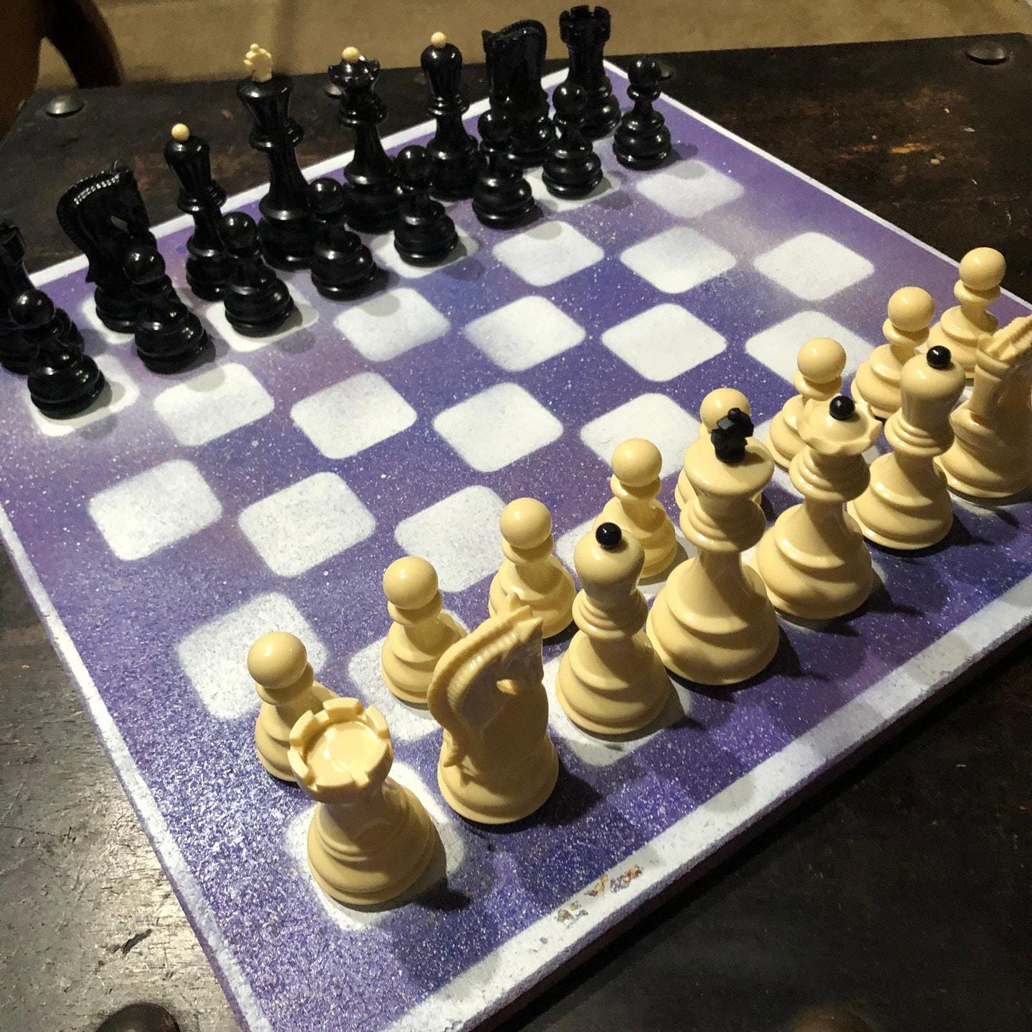 Large Painted Chess Set - Purple & White