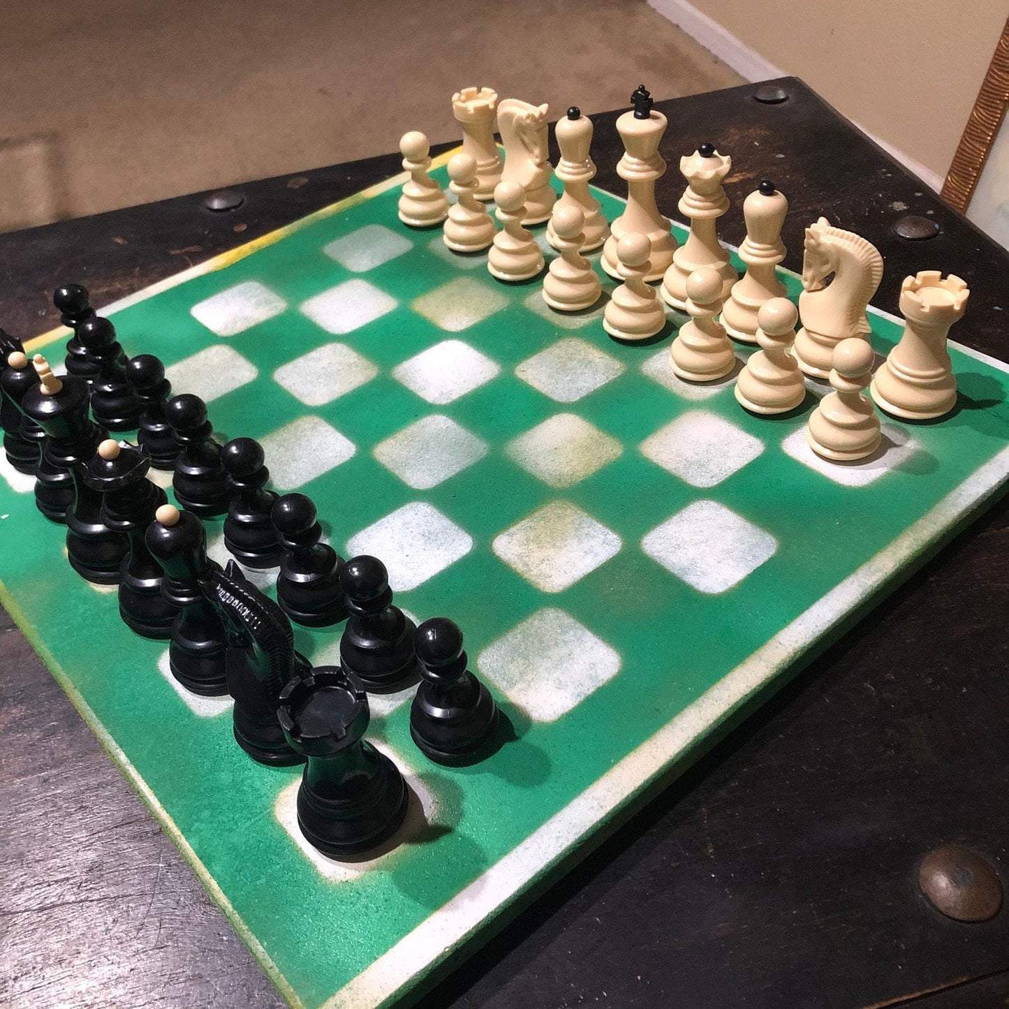 Large Painted Chess Set - Green & White