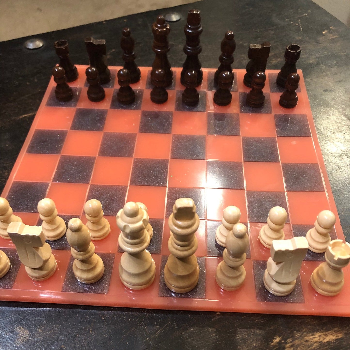 Resin Chess Set - Red & Black (Wood Pieces)