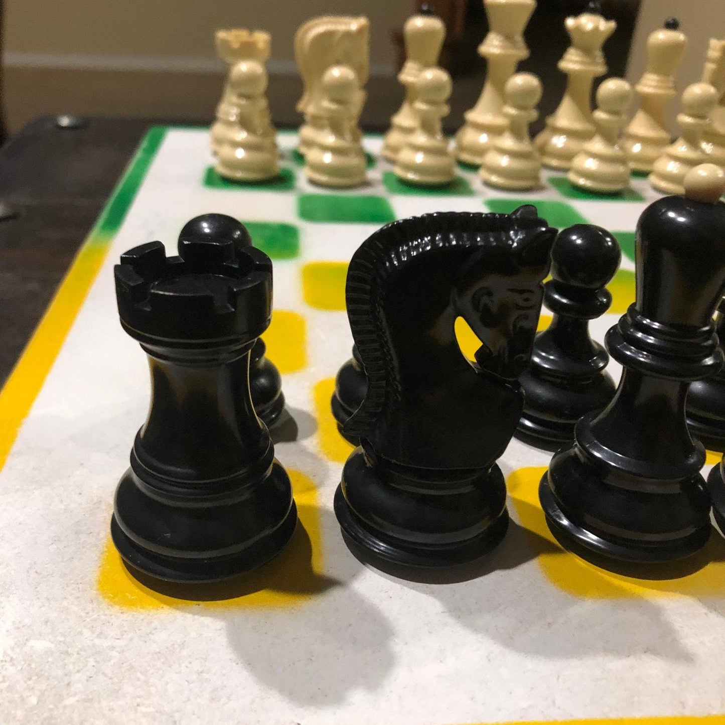 Large Painted Chess Set - Green/Yellow & White