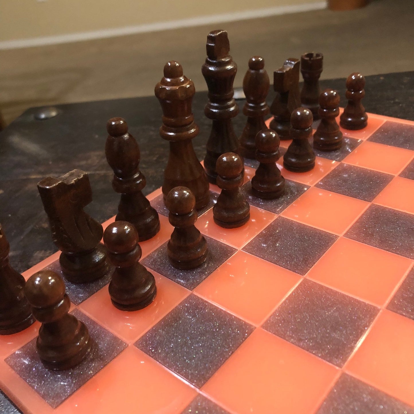 Resin Chess Set - Red & Black (Wood Pieces)