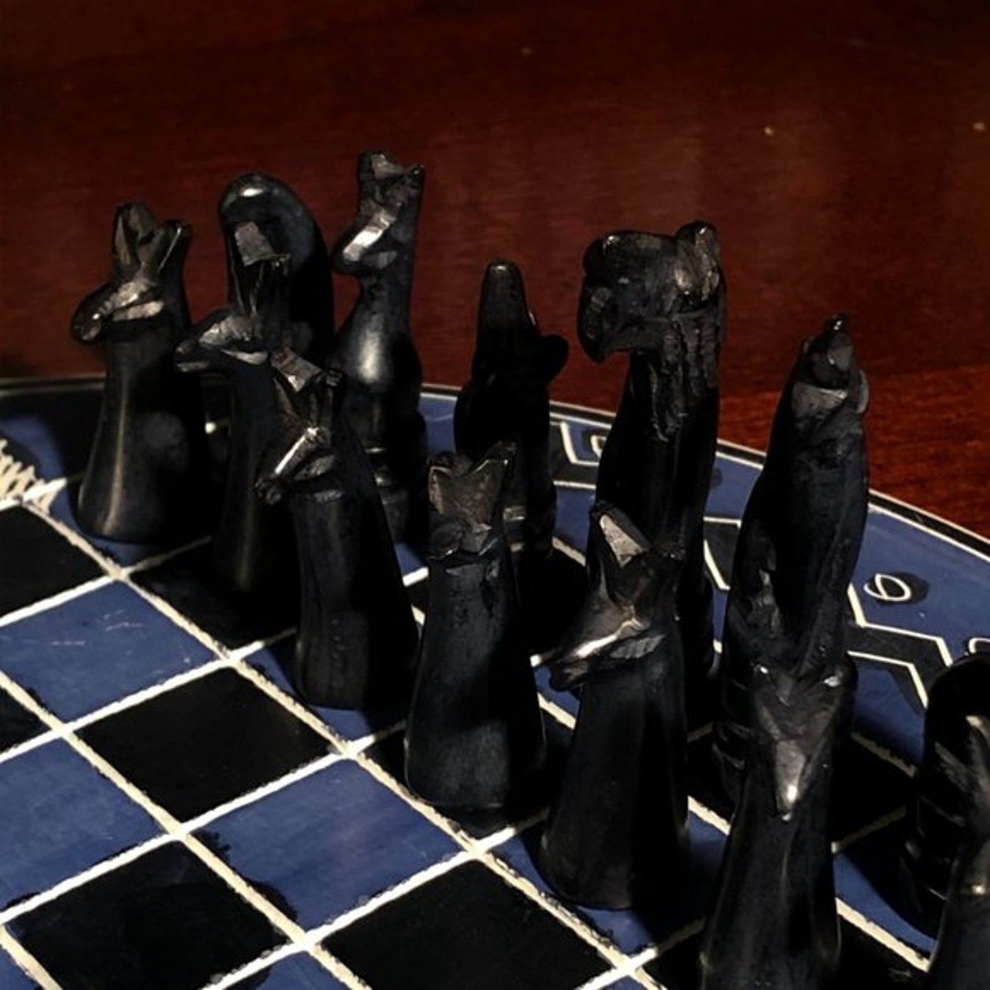 African Vintage Chess Set - Blue/White Chess Board