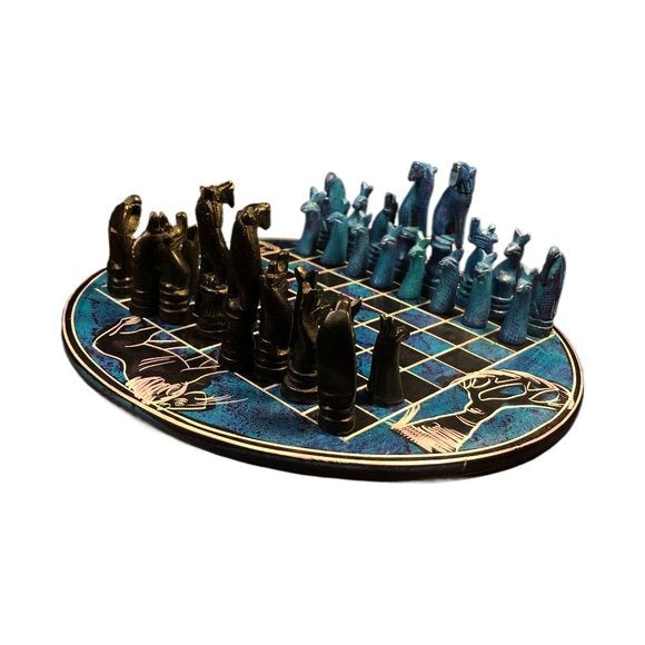 African Vintage Chess Set - Sea Blue Chess Board