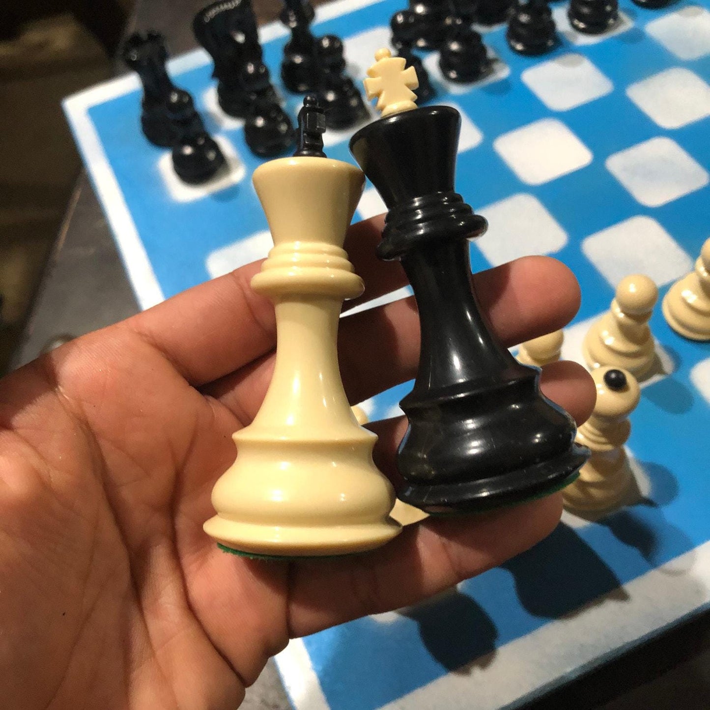 Large Painted Chess Set - White & Blue