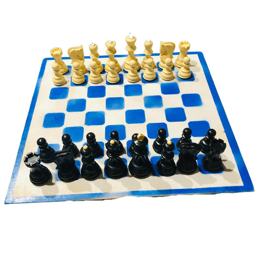 Large Painted Chess Set - Blue & White