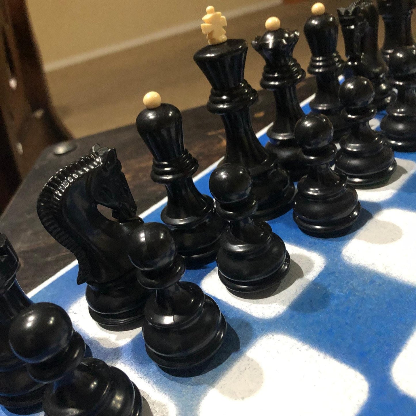 Large Painted Chess Set - Blue & White