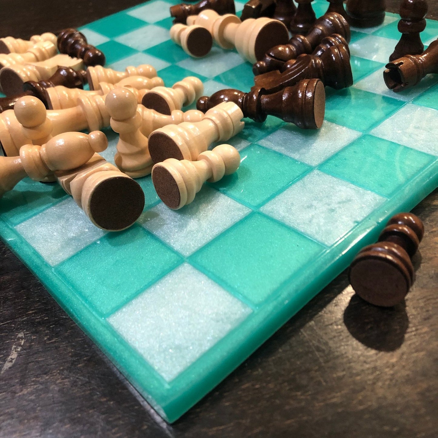 Resin Chess Set - Aqua Green & White (Wood Pieces)