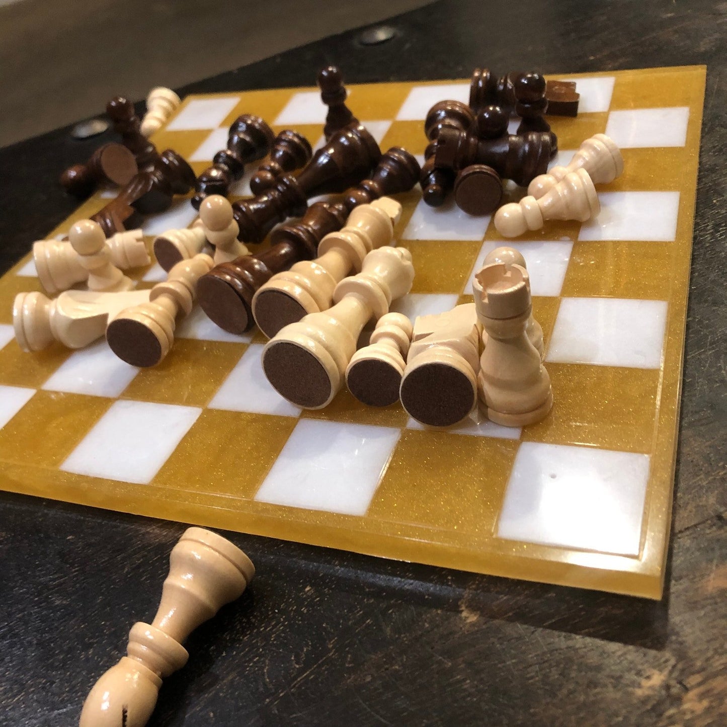 Resin Chess Set - Golden White (Wood Pieces)