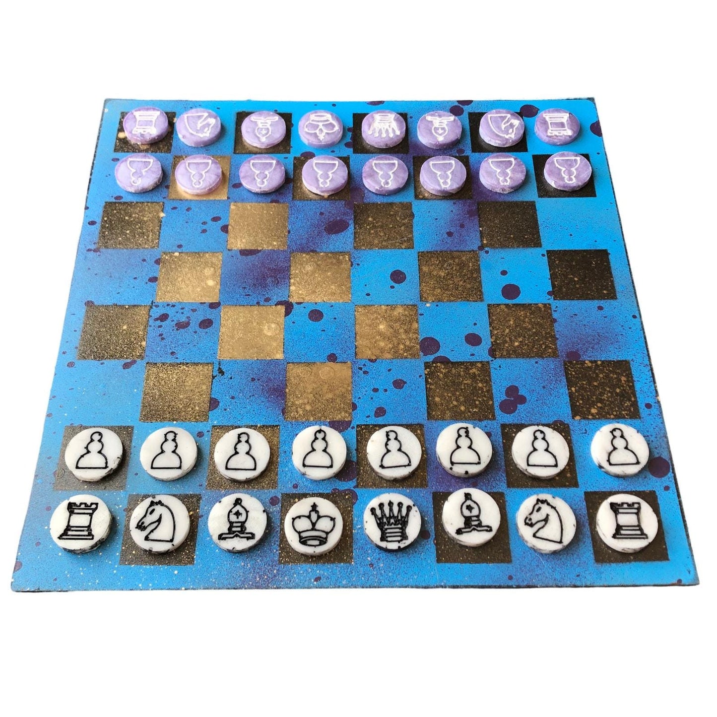 Chess Set - Golden Blue Splatter