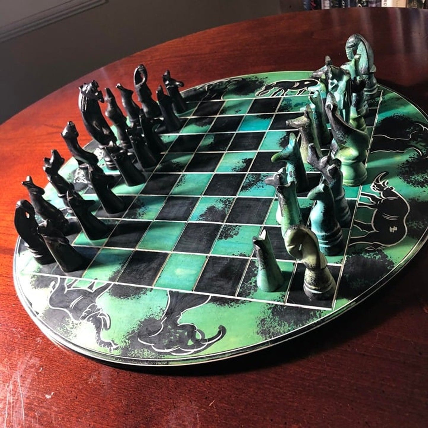 African Vintage Chess Set - Royal Green Large Chess Board